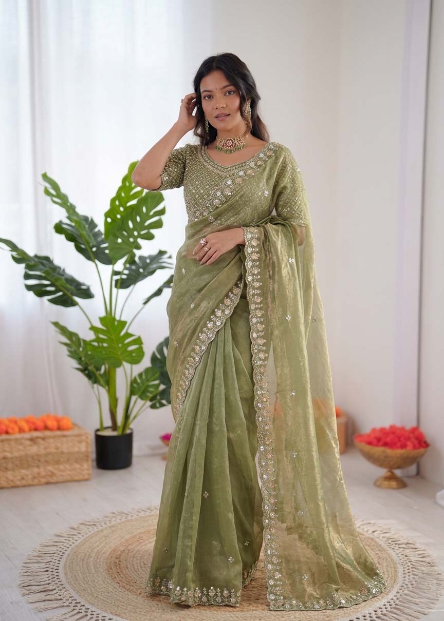 Prazu Fashion Mehendi Sequence Beds Work Organza Silk Party Wear Saree | Grocsy