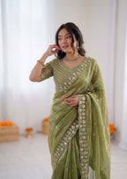 Prazu Fashion Mehendi Sequence Beds Work Organza Silk Party Wear Saree | Grocsy