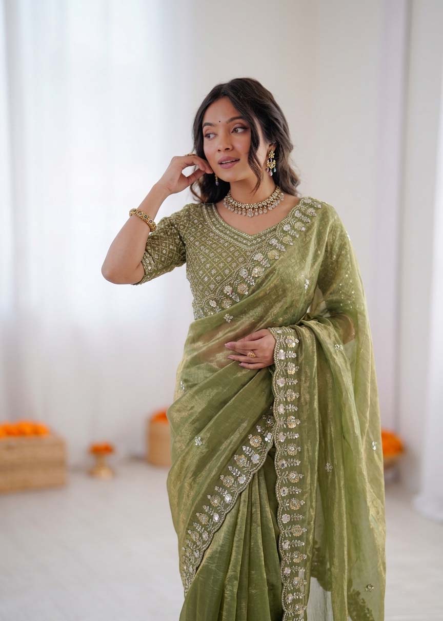 Prazu Fashion Mehendi Sequence Beds Work Organza Silk Party Wear Saree | Grocsy