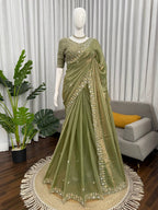 Prazu Fashion Mehendi Sequence Beds Work Organza Silk Party Wear Saree | Grocsy