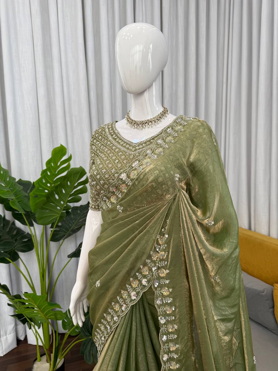 Prazu Fashion Mehendi Sequence Beds Work Organza Silk Party Wear Saree | Grocsy