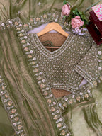 Prazu Fashion Mehendi Sequence Beds Work Organza Silk Party Wear Saree | Grocsy