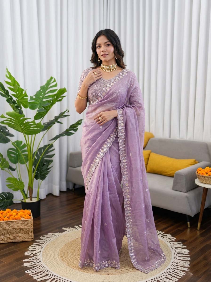 Prazu Fashion Lavender Sequence Beds Work Organza Silk Party Wear Saree | Grocsy