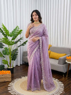 Prazu Fashion Lavender Sequence Beds Work Organza Silk Party Wear Saree | Grocsy