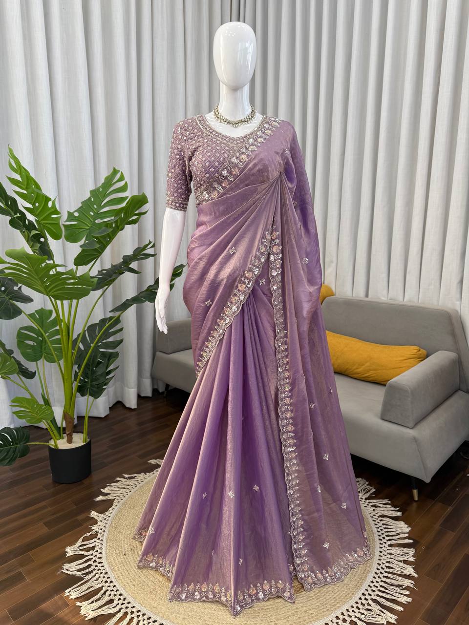 Prazu Fashion Lavender Sequence Beds Work Organza Silk Party Wear Saree | Grocsy