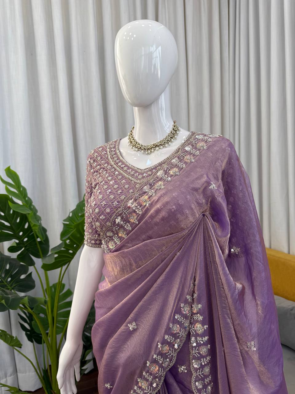 Prazu Fashion Lavender Sequence Beds Work Organza Silk Party Wear Saree | Grocsy