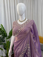 Prazu Fashion Lavender Sequence Beds Work Organza Silk Party Wear Saree | Grocsy
