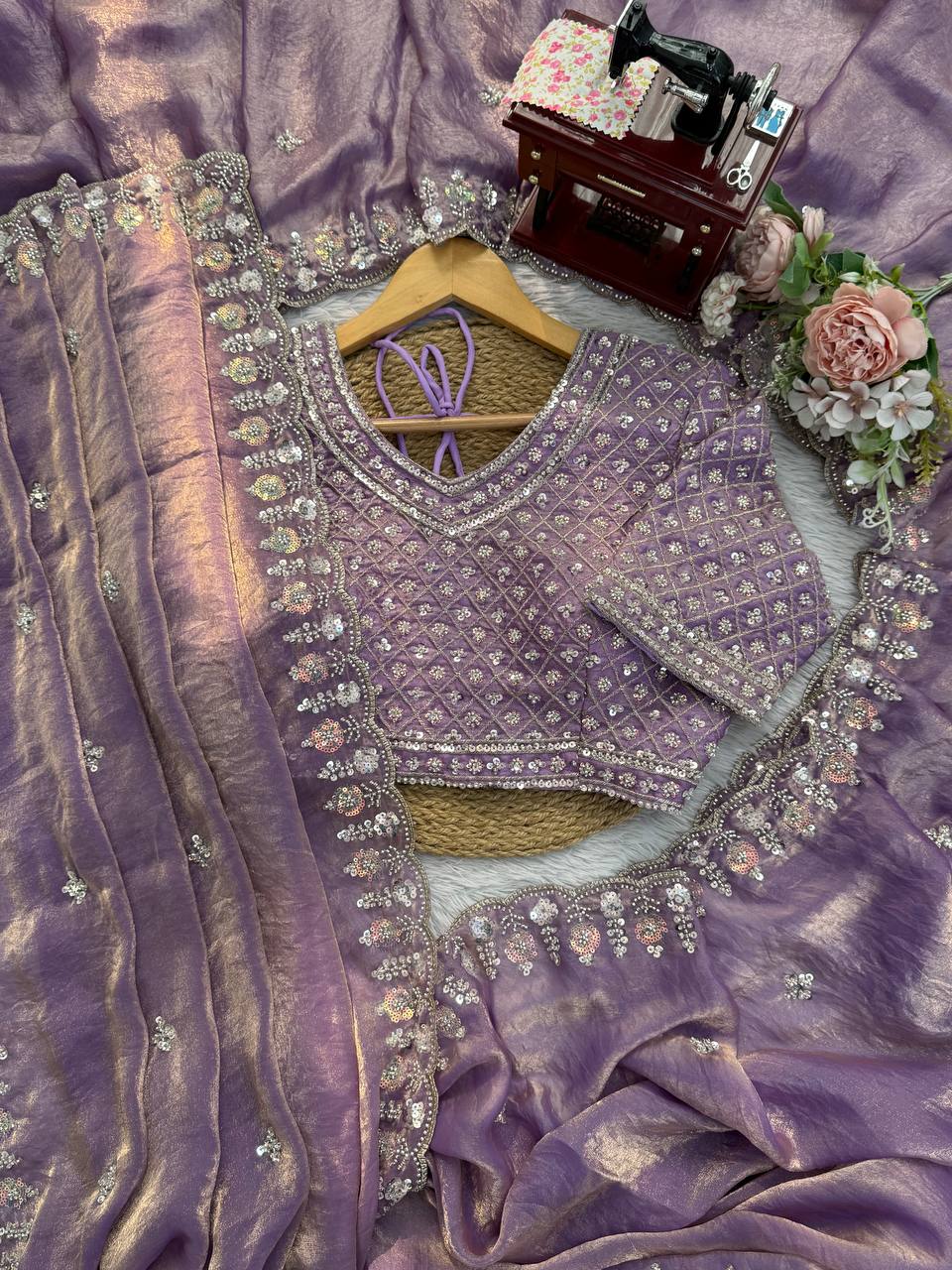 Prazu Fashion Lavender Sequence Beds Work Organza Silk Party Wear Saree | Grocsy