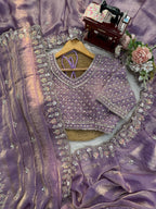 Prazu Fashion Lavender Sequence Beds Work Organza Silk Party Wear Saree | Grocsy