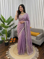 Prazu Fashion Lavender Sequence Beds Work Organza Silk Party Wear Saree | Grocsy