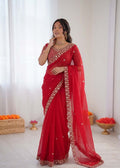 Prazu Fashion Red Sequence Beds Work Organza Silk Party Wear Saree | Grocsy