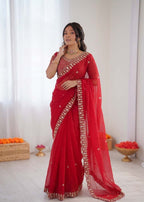 Prazu Fashion Red Sequence Beds Work Organza Silk Party Wear Saree | Grocsy