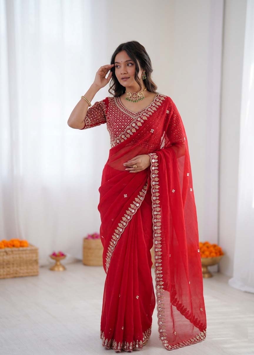 Prazu Fashion Red Sequence Beds Work Organza Silk Party Wear Saree | Grocsy