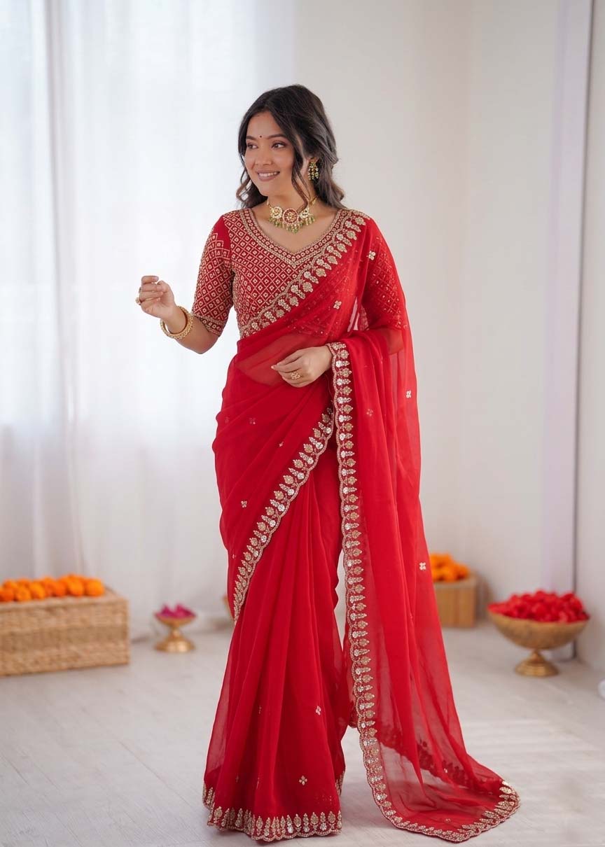 Prazu Fashion Red Sequence Beds Work Organza Silk Party Wear Saree | Grocsy
