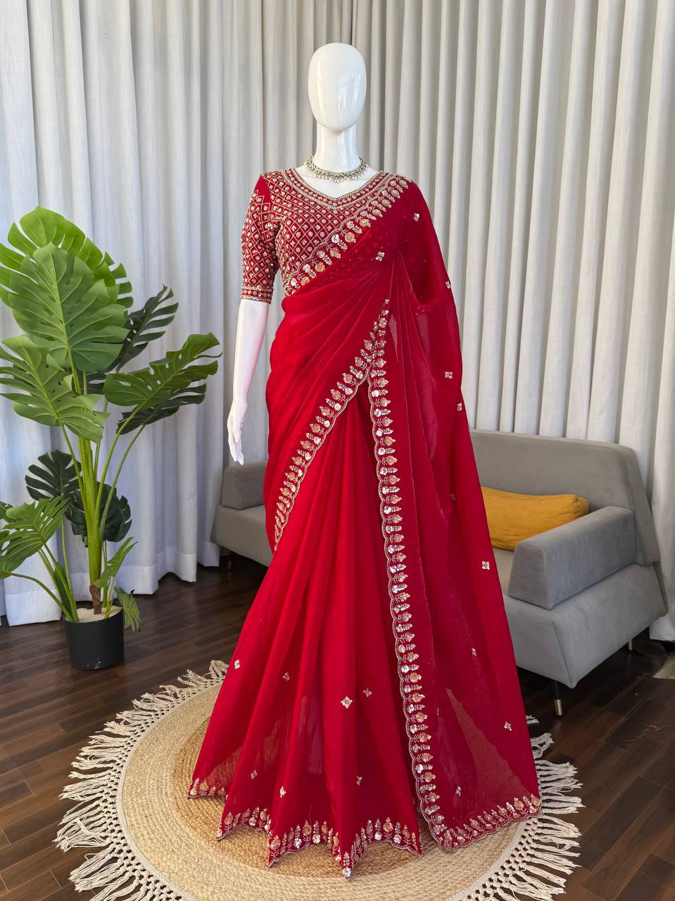 Prazu Fashion Red Sequence Beds Work Organza Silk Party Wear Saree | Grocsy