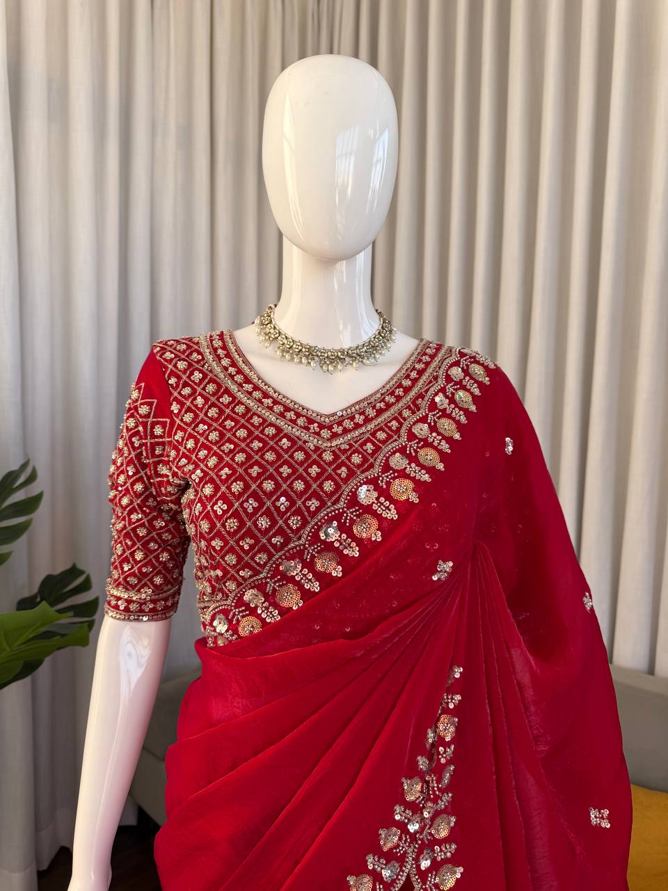 Prazu Fashion Red Sequence Beds Work Organza Silk Party Wear Saree | Grocsy
