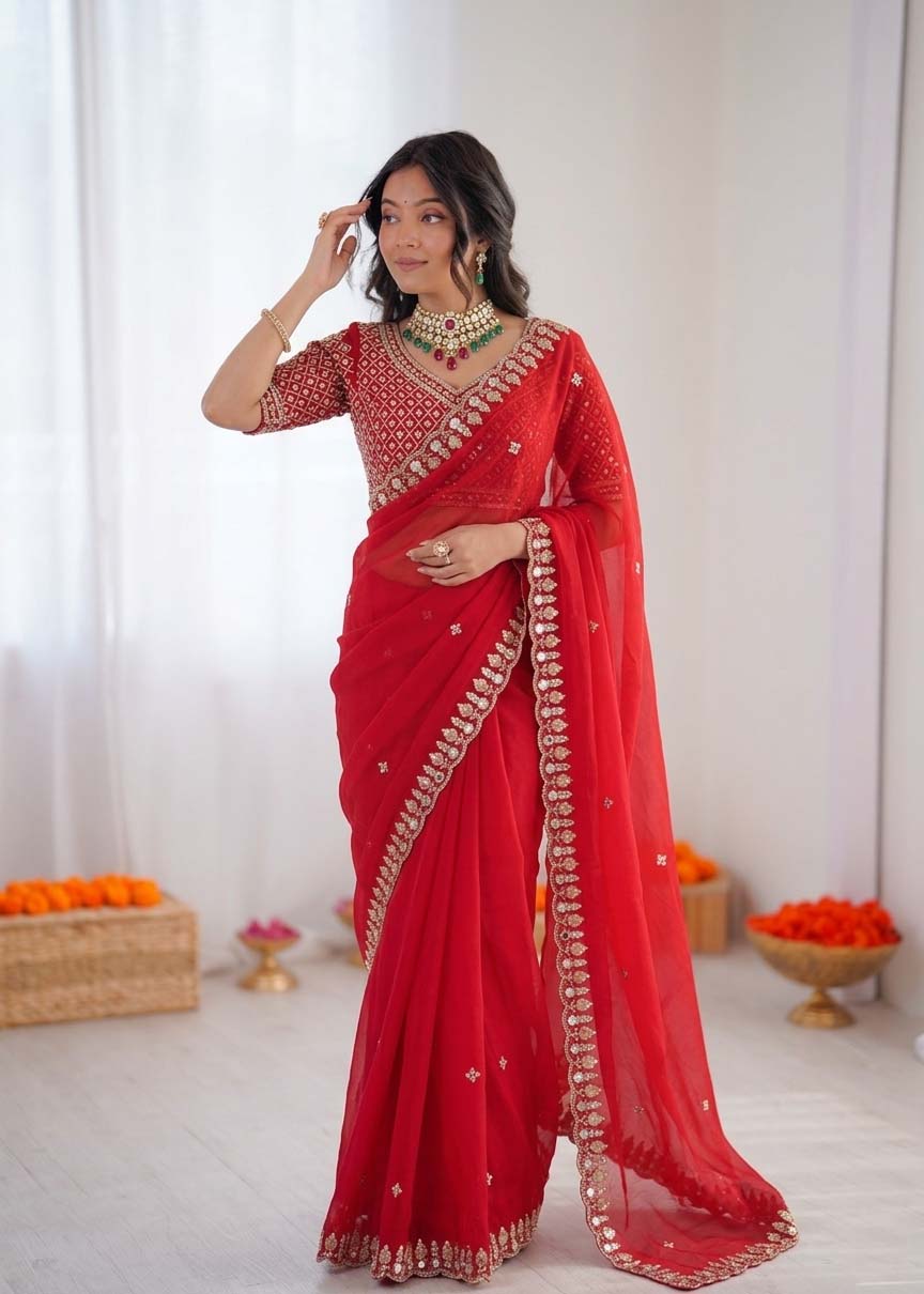 Prazu Fashion Red Sequence Beds Work Organza Silk Party Wear Saree | Grocsy