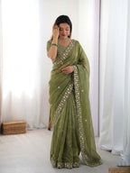 Prazu Fashion Mehendi Sequence Beds Work Organza Silk Party Wear Saree | Grocsy
