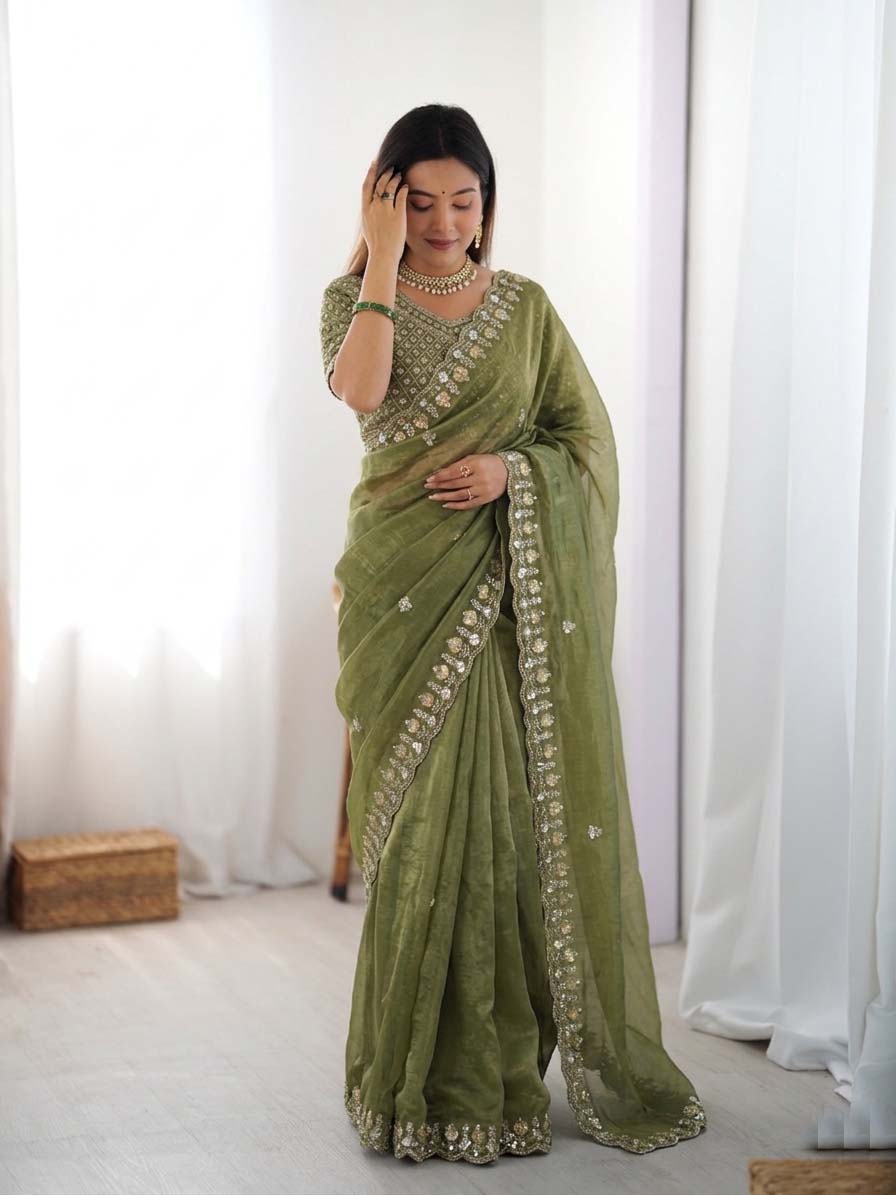 Prazu Fashion Mehendi Sequence Beds Work Organza Silk Party Wear Saree | Grocsy