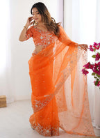 Prazu Fashion Orange Thread Sequence Organza Silk Party Wear Saree | Grocsy