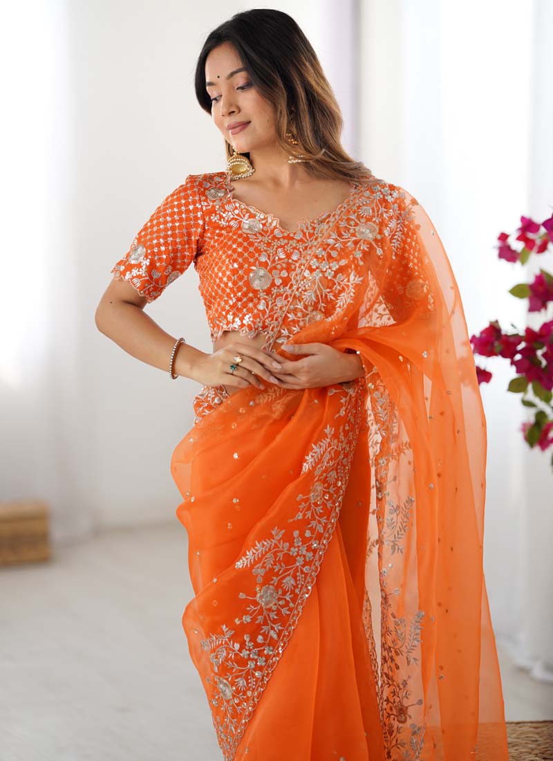 Prazu Fashion Orange Thread Sequence Organza Silk Party Wear Saree | Grocsy