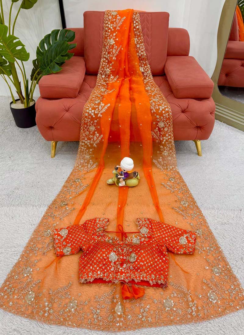 Prazu Fashion Orange Thread Sequence Organza Silk Party Wear Saree | Grocsy