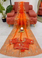 Prazu Fashion Orange Thread Sequence Organza Silk Party Wear Saree | Grocsy