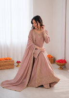 Prazu Fashion Onion Pink Crepe Thread With Sequence Designer Sharara Suit | Grocsy