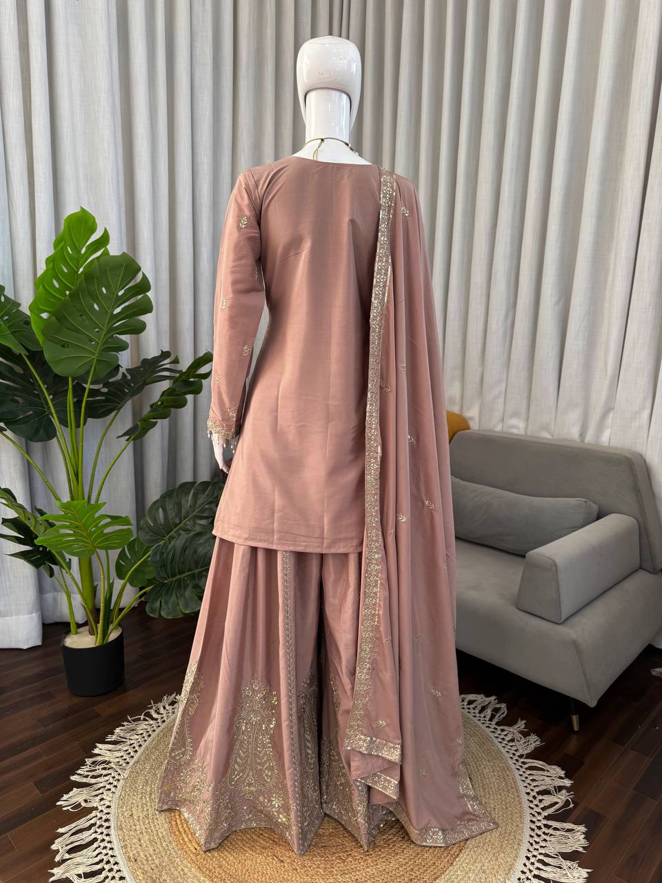 Prazu Fashion Onion Pink Crepe Thread With Sequence Designer Sharara Suit | Grocsy