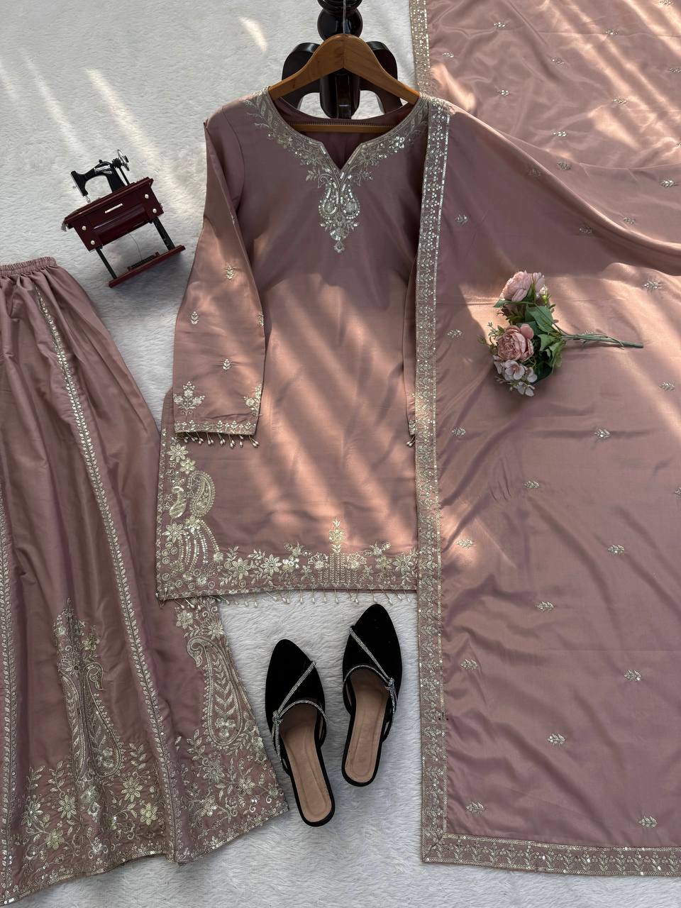 Prazu Fashion Onion Pink Crepe Thread With Sequence Designer Sharara Suit | Grocsy