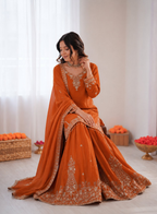 Prazu Fashion Orange Crepe Thread With Sequence Designer Sharara Suit | Grocsy