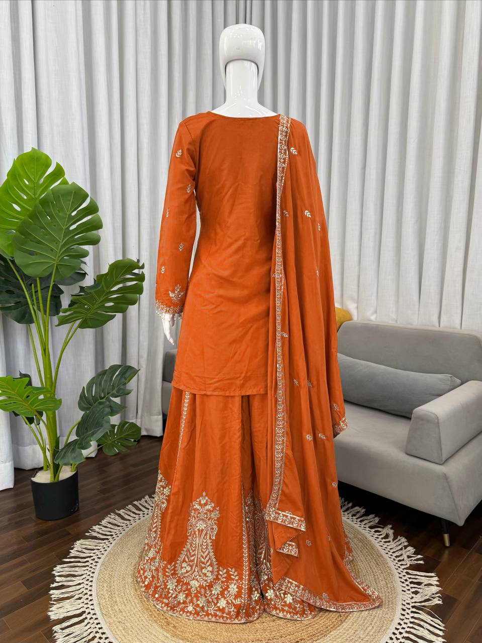 Prazu Fashion Orange Crepe Thread With Sequence Designer Sharara Suit | Grocsy