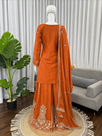 Prazu Fashion Orange Crepe Thread With Sequence Designer Sharara Suit | Grocsy