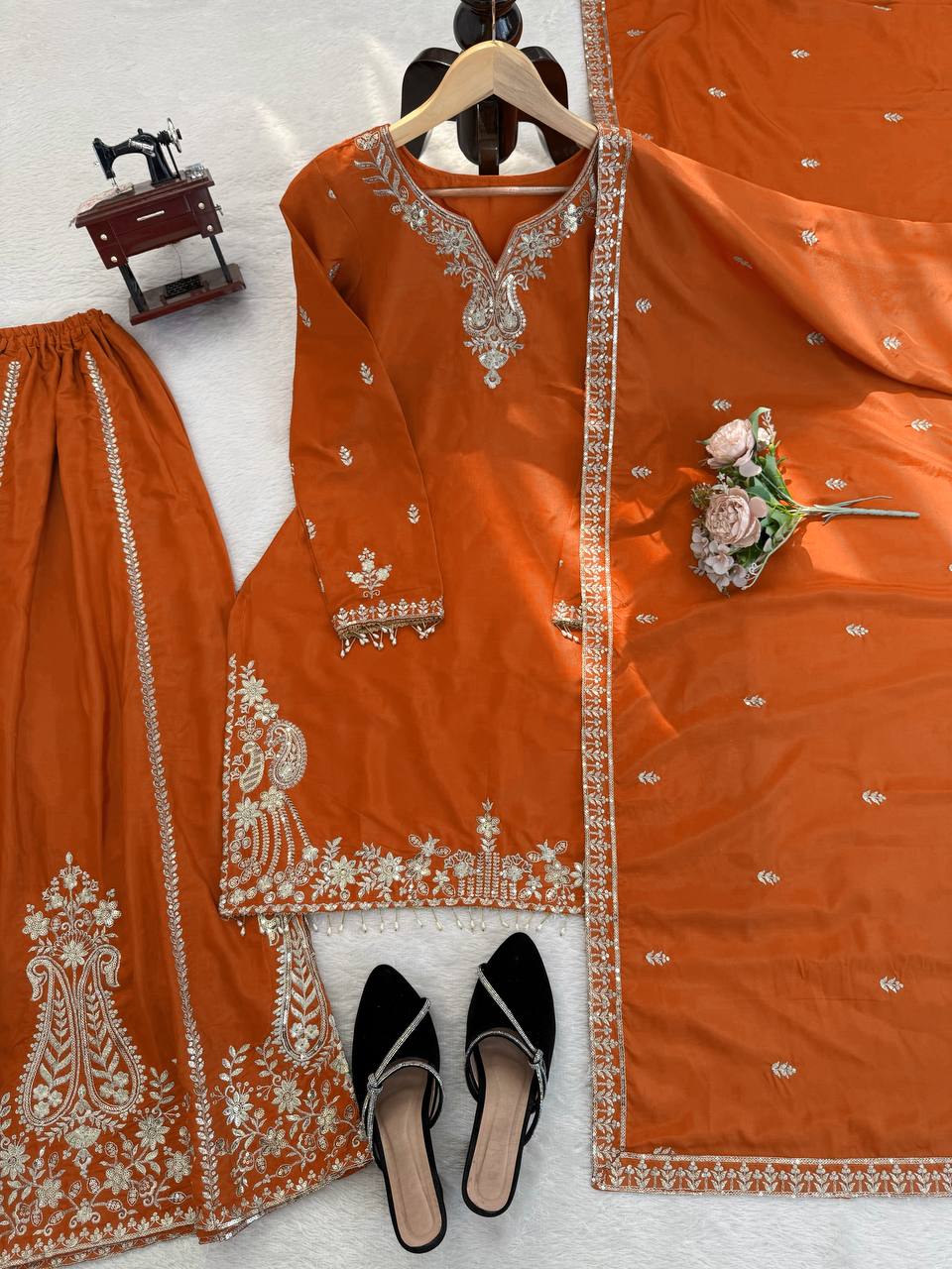 Prazu Fashion Orange Crepe Thread With Sequence Designer Sharara Suit | Grocsy
