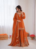 Prazu Fashion Orange Crepe Thread With Sequence Designer Sharara Suit | Grocsy