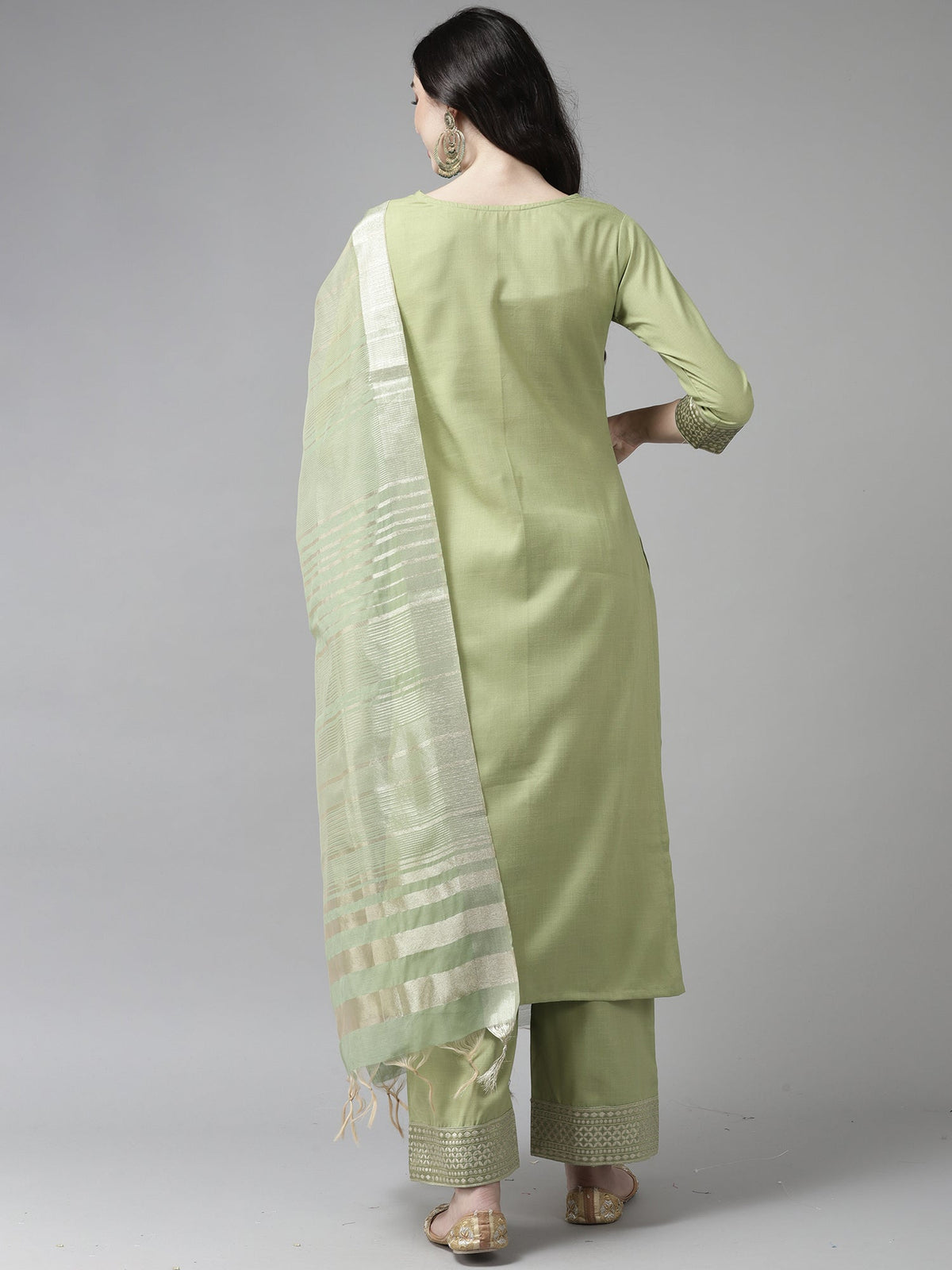 Indo Era Solid Green Straight Kurta Palazzo With Dupatta Set | Grocsy