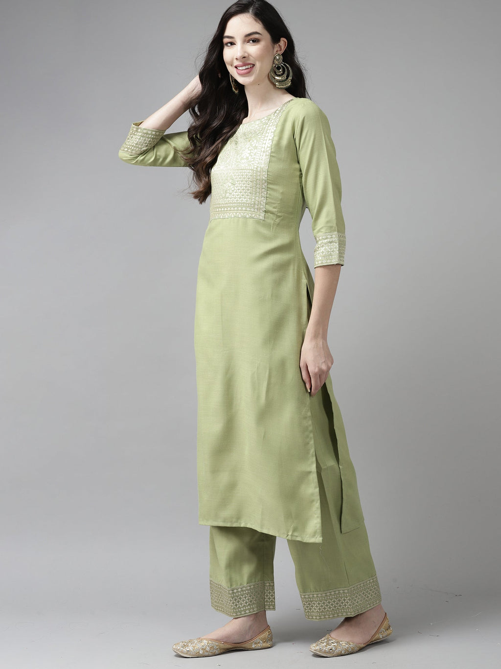 Indo Era Solid Green Straight Kurta Palazzo With Dupatta Set | Grocsy