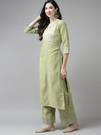 Indo Era Solid Green Straight Kurta Palazzo With Dupatta Set | Grocsy
