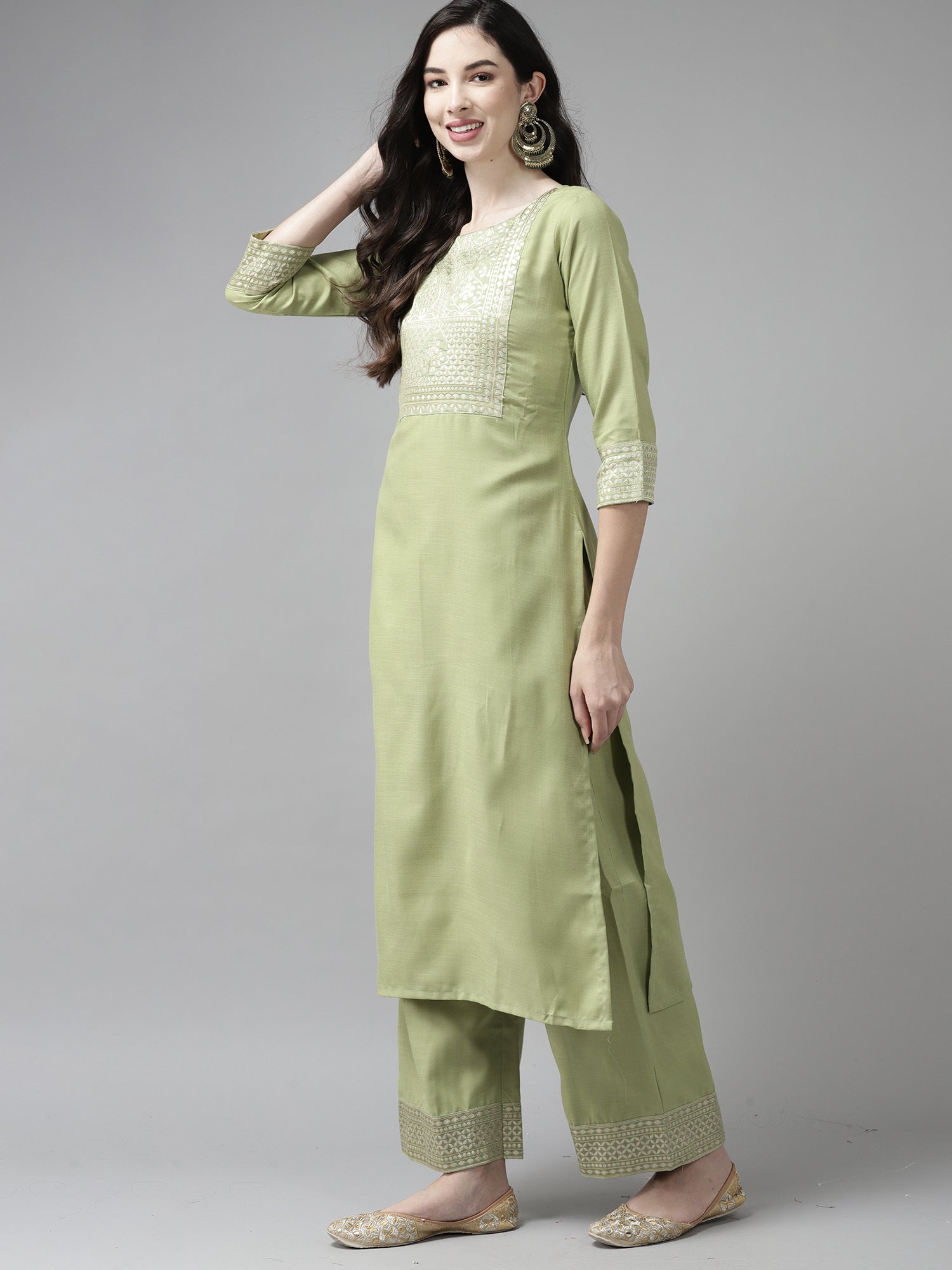 Indo Era Solid Green Straight Kurta Palazzo With Dupatta Set | Grocsy