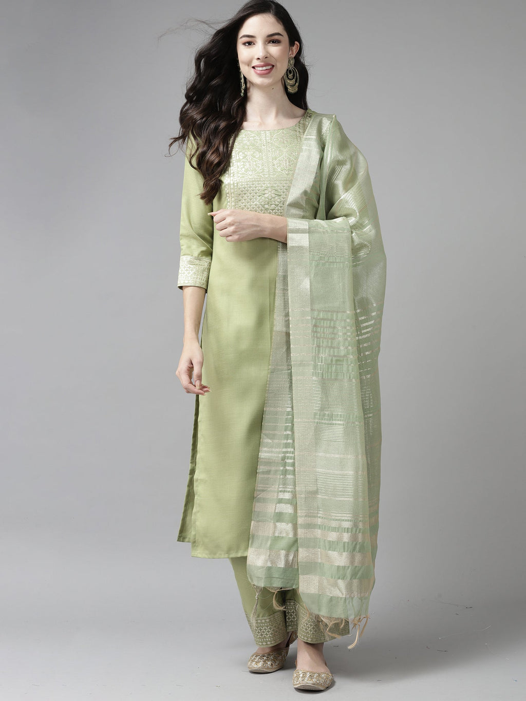 Indo Era Solid Green Straight Kurta Palazzo With Dupatta Set | Grocsy