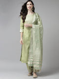 Indo Era Solid Green Straight Kurta Palazzo With Dupatta Set | Grocsy