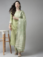Indo Era Solid Green Straight Kurta Palazzo With Dupatta Set | Grocsy
