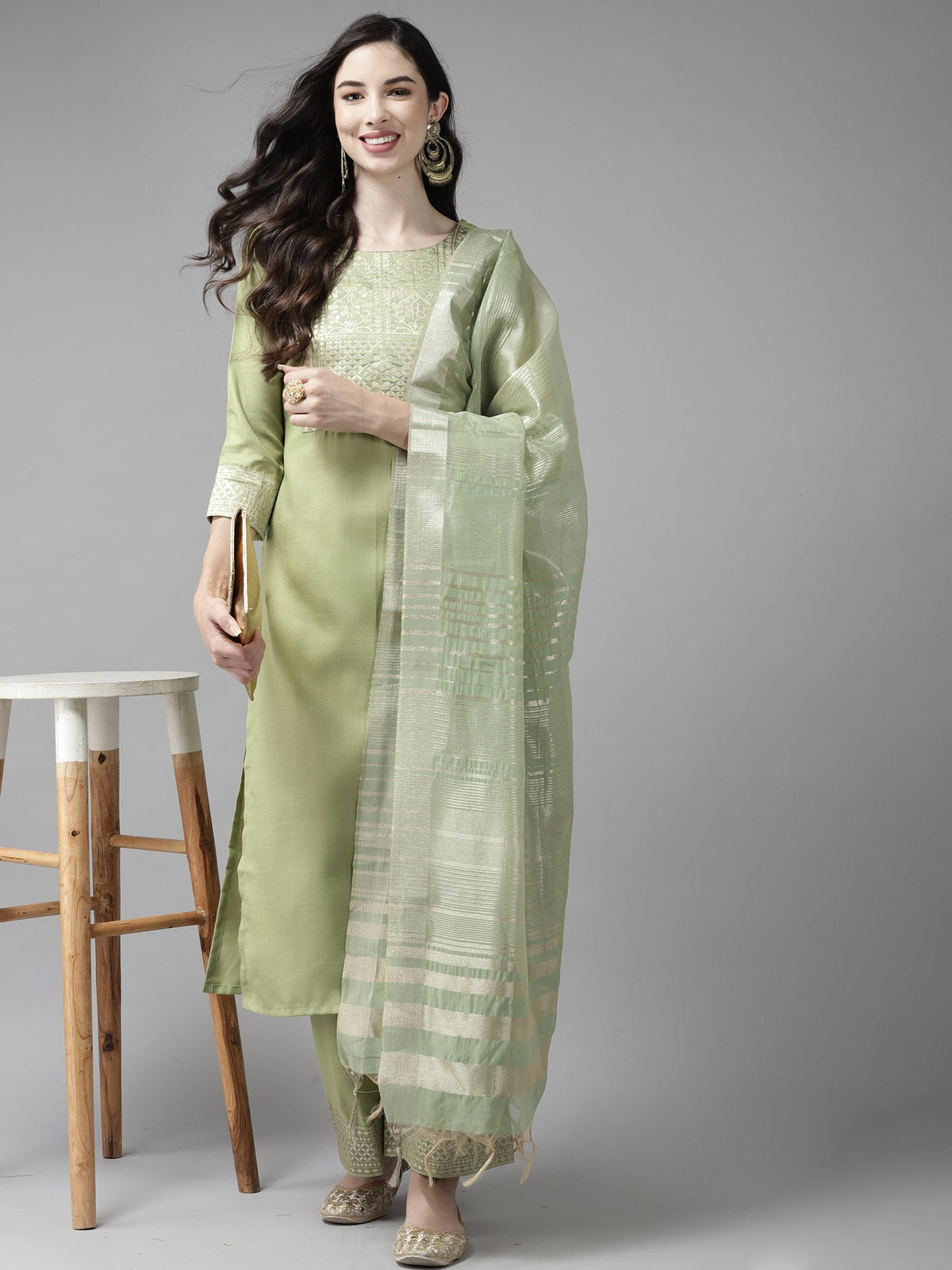 Indo Era Solid Green Straight Kurta Palazzo With Dupatta Set | Grocsy