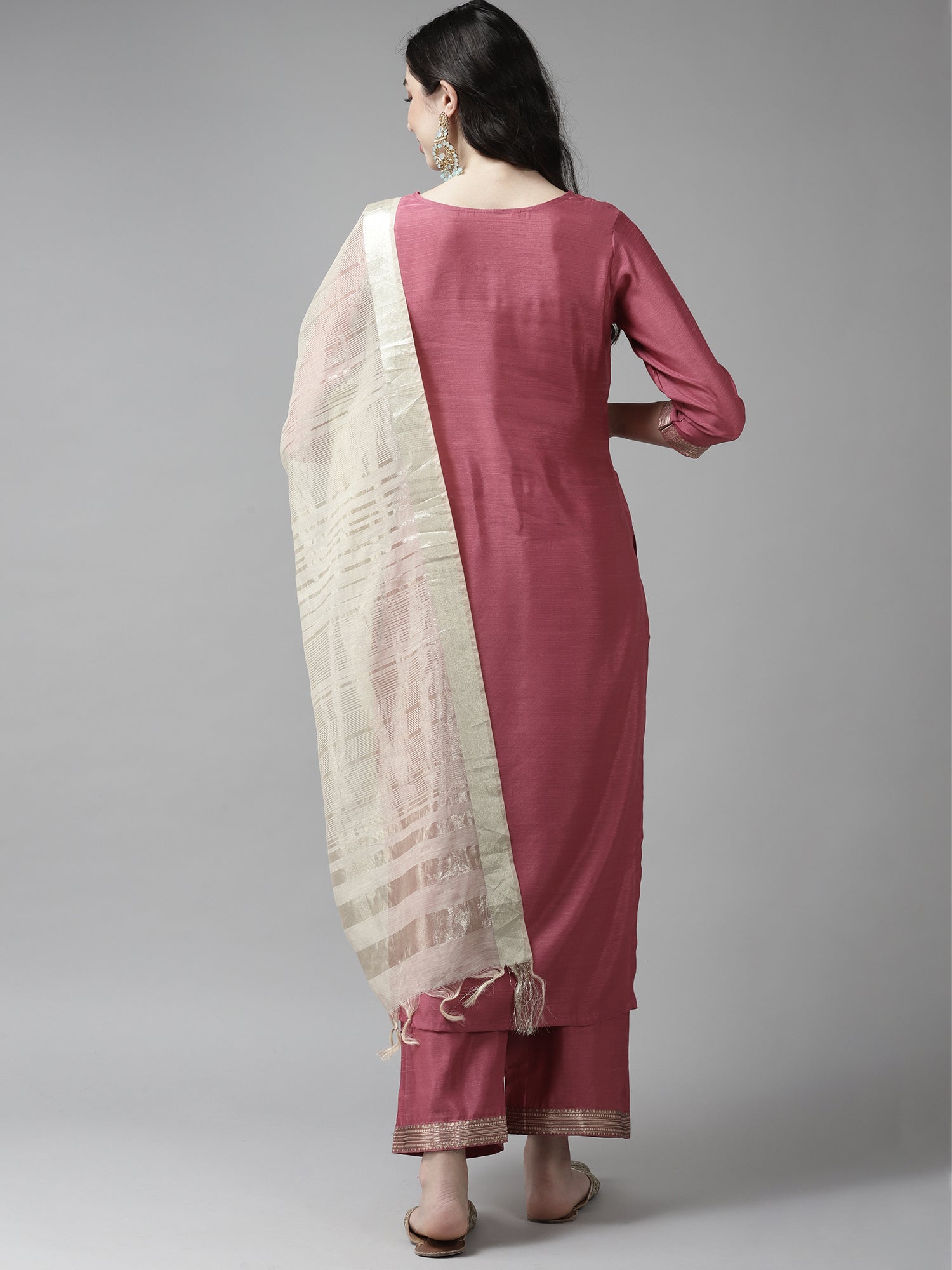 Indo Era Solid Pink Straight Kurta Palazzo With Dupatta Set | Grocsy