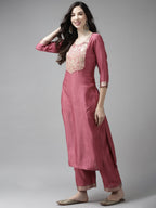 Indo Era Solid Pink Straight Kurta Palazzo With Dupatta Set | Grocsy