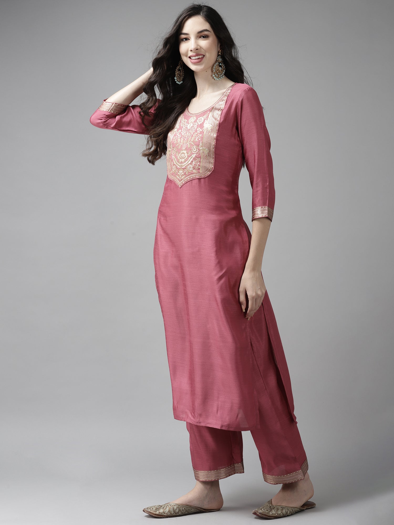 Indo Era Solid Pink Straight Kurta Palazzo With Dupatta Set | Grocsy