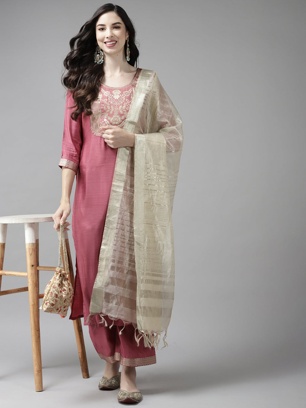 Indo Era Solid Pink Straight Kurta Palazzo With Dupatta Set | Grocsy