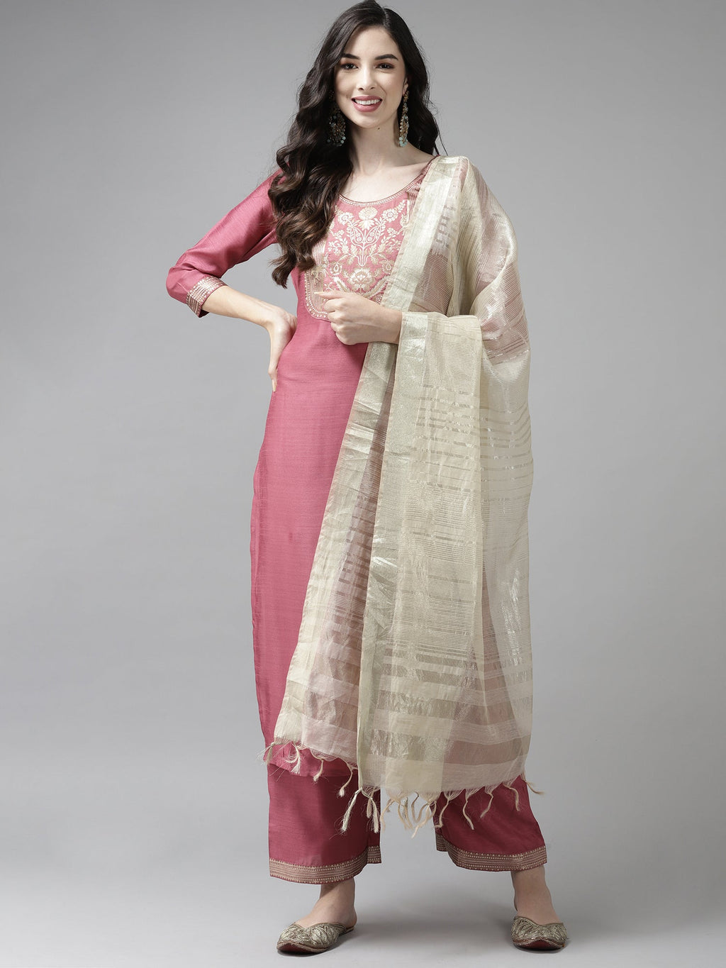 Indo Era Solid Pink Straight Kurta Palazzo With Dupatta Set | Grocsy