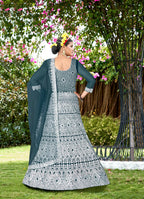 Teal Net Embroidered Semi Stitched Lehenga Choli with Dupatta - Bhagya | Grocsy