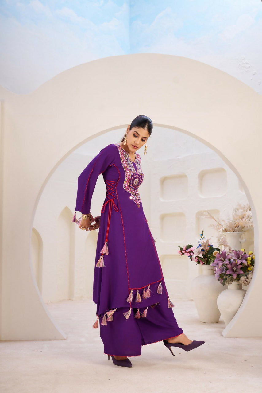 The52 Women's Gorgeous Rayon Fabric Thread Work Straight Kurta Palazzo Set | Grocsy